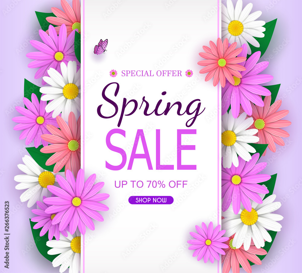 Spring Sale Banner background with beautiful colorful flowers are blooming. And use it as a banner or placard.And is used as an illustration or backdrop.