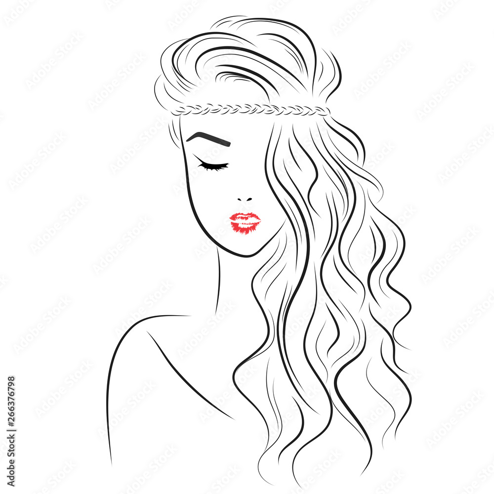 Vector sketch of a beautiful girl with long hair and braid around her head  . Fashion illustration. Woman's hair style Stock Vector | Adobe Stock