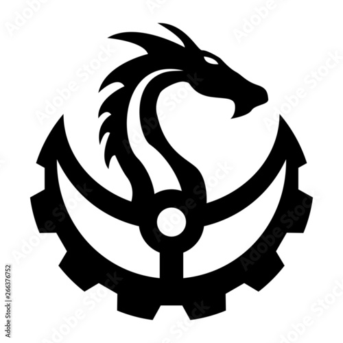 Vector image of a mechanical dragon head crossed with a gear in a steampunk style in a single color, can be used for a logo.