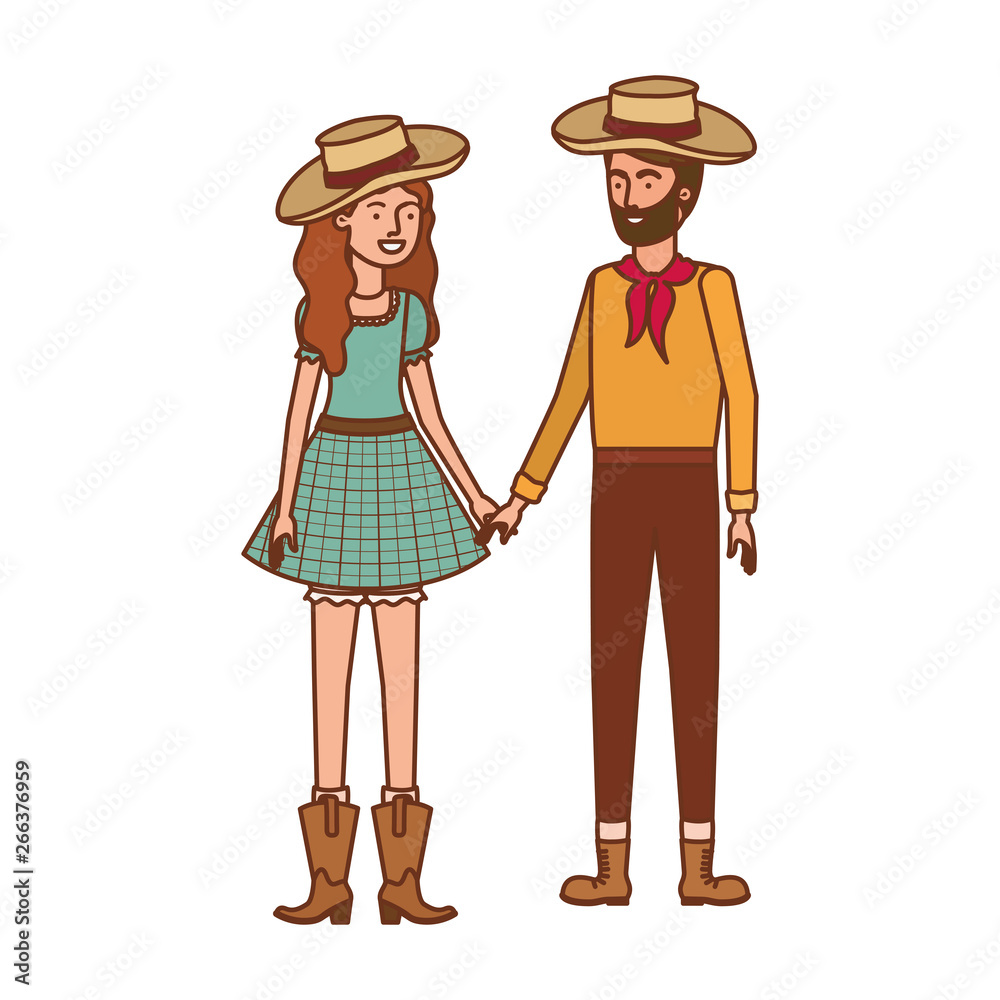 farmers couple talking with straw hat farmers couple talking with straw hat