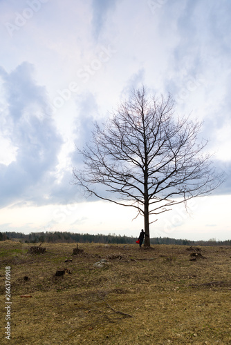 Solitude. Lonely Girl In a lonely tree against the sky. On the background of the sunrise. Red heart in hand