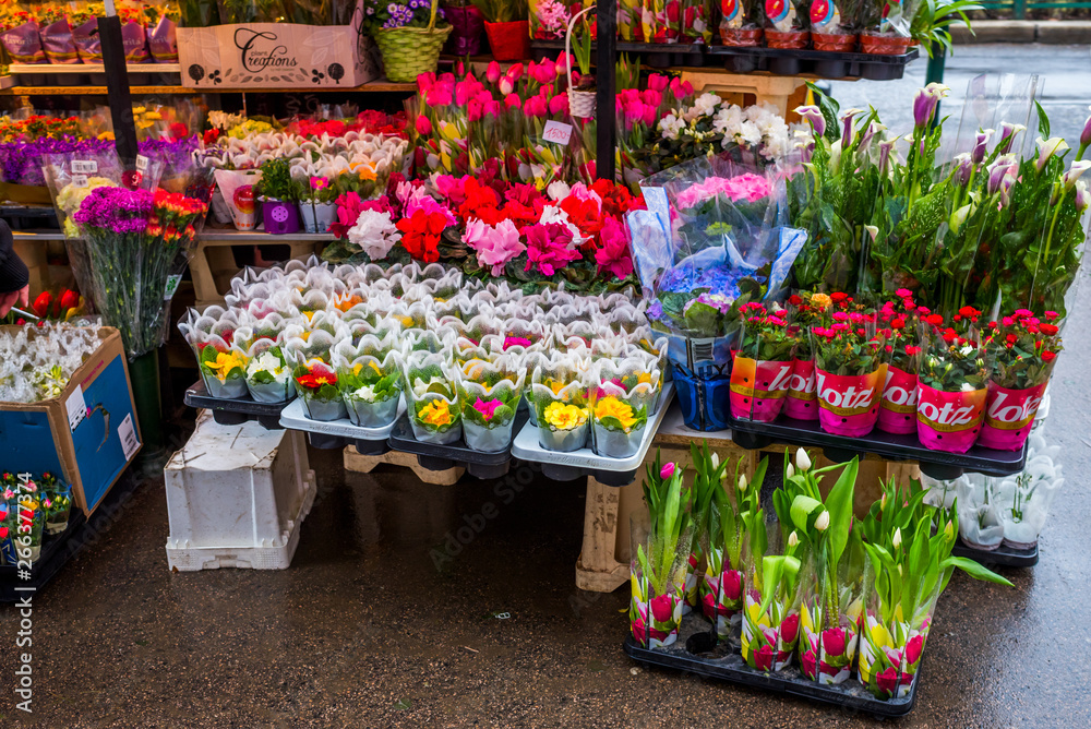 Hungary, Budapest, March 6, 2018, a flower shop in a European city