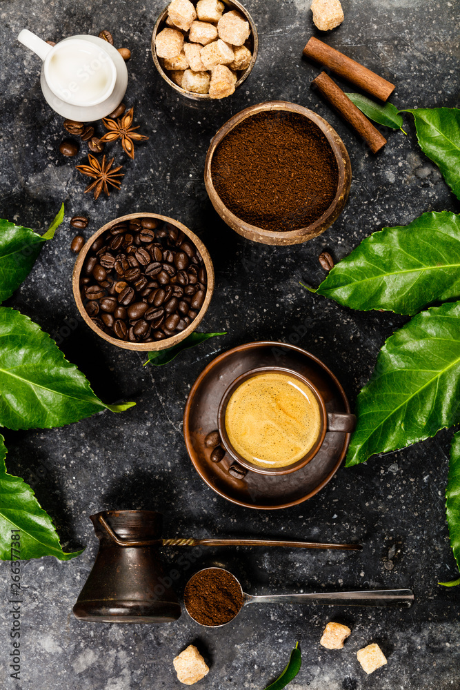 Coffee composition on dark rustic background Coffee composition on dark rustic background