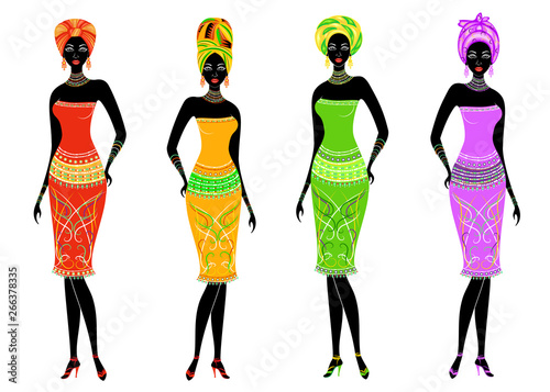 A collection of beautiful African American ladies. Girls have bright clothes, a turban on their heads. Women are young and slim. Vector illustration set