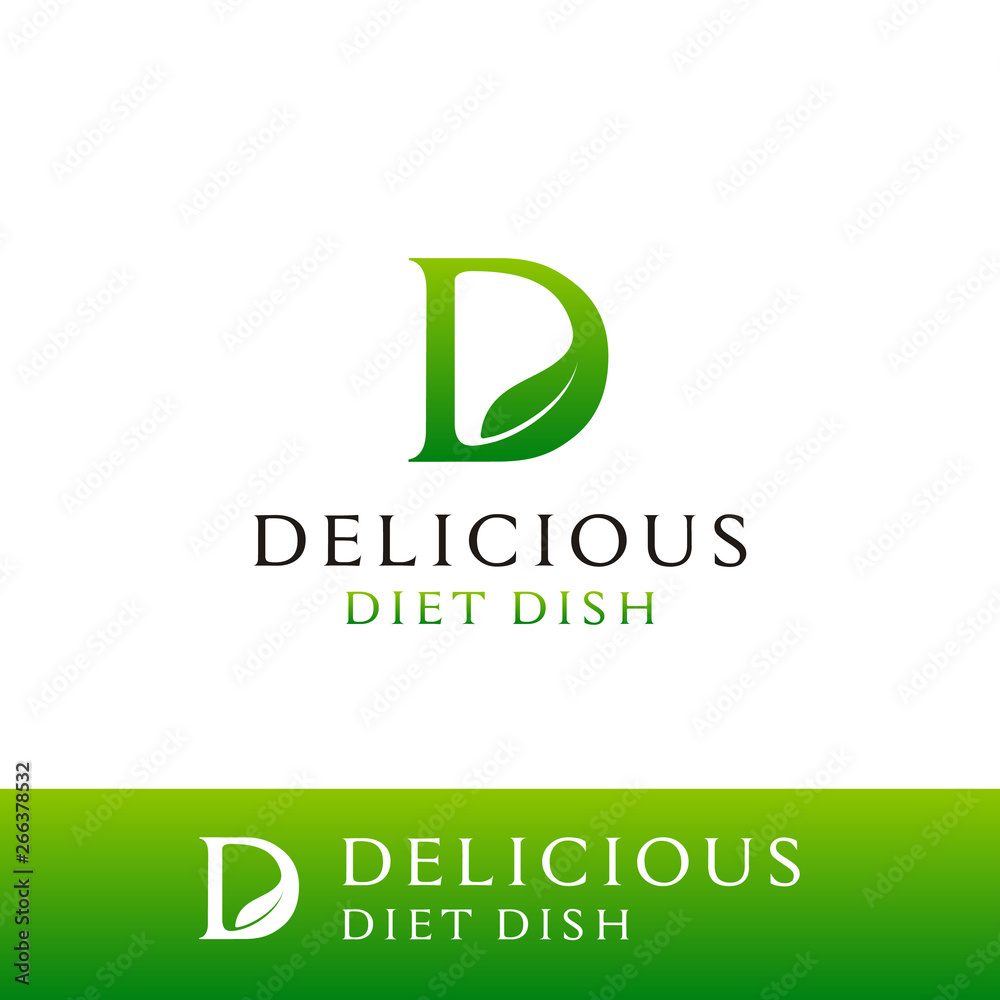 Initial Letter D with Leaf for Delicious, Diet, Dish Healthy Food Nutrition logo design