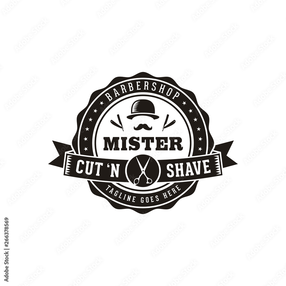 Shave with Masculine Mustache and Bowler Hat for Vintage Retro Hipster Barbershop Hair Salon Logo design