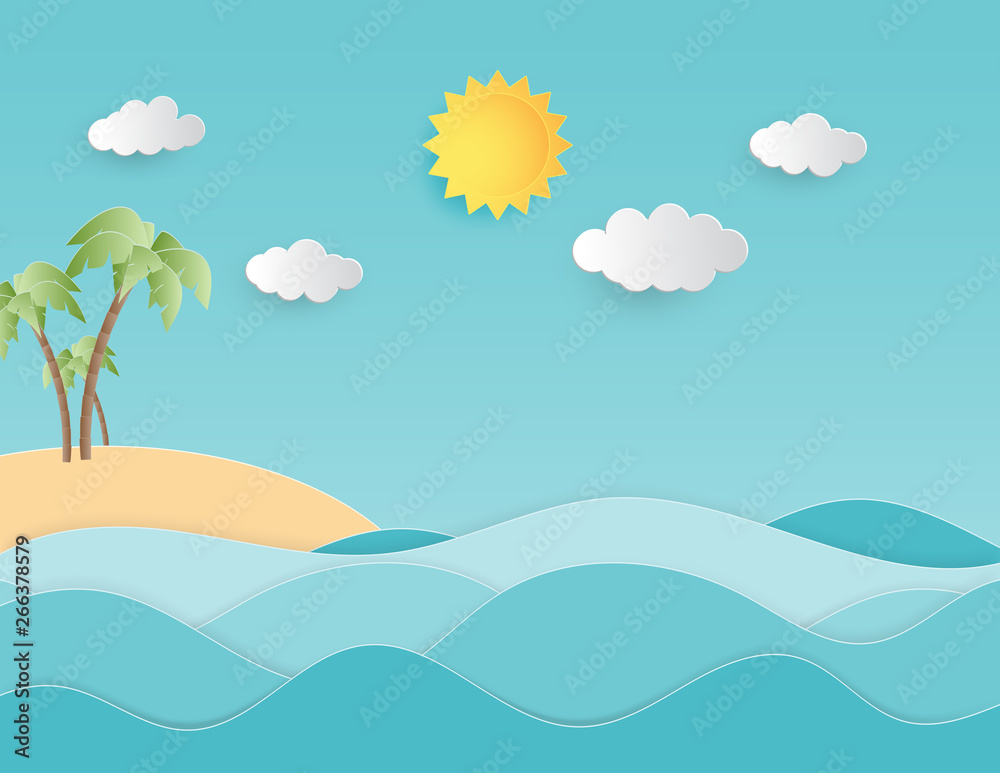 Creative illustration summer background concept paper cut style with landscape of sea wave and beach with palm tree.