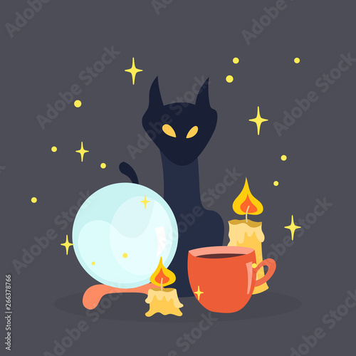 Composition on the topic of divination and magic. Great for greeting cards, invitations, posters, flyers, textiles, t-shirts, stationery, souvenirs. Suitable for celebrating Halloween.
