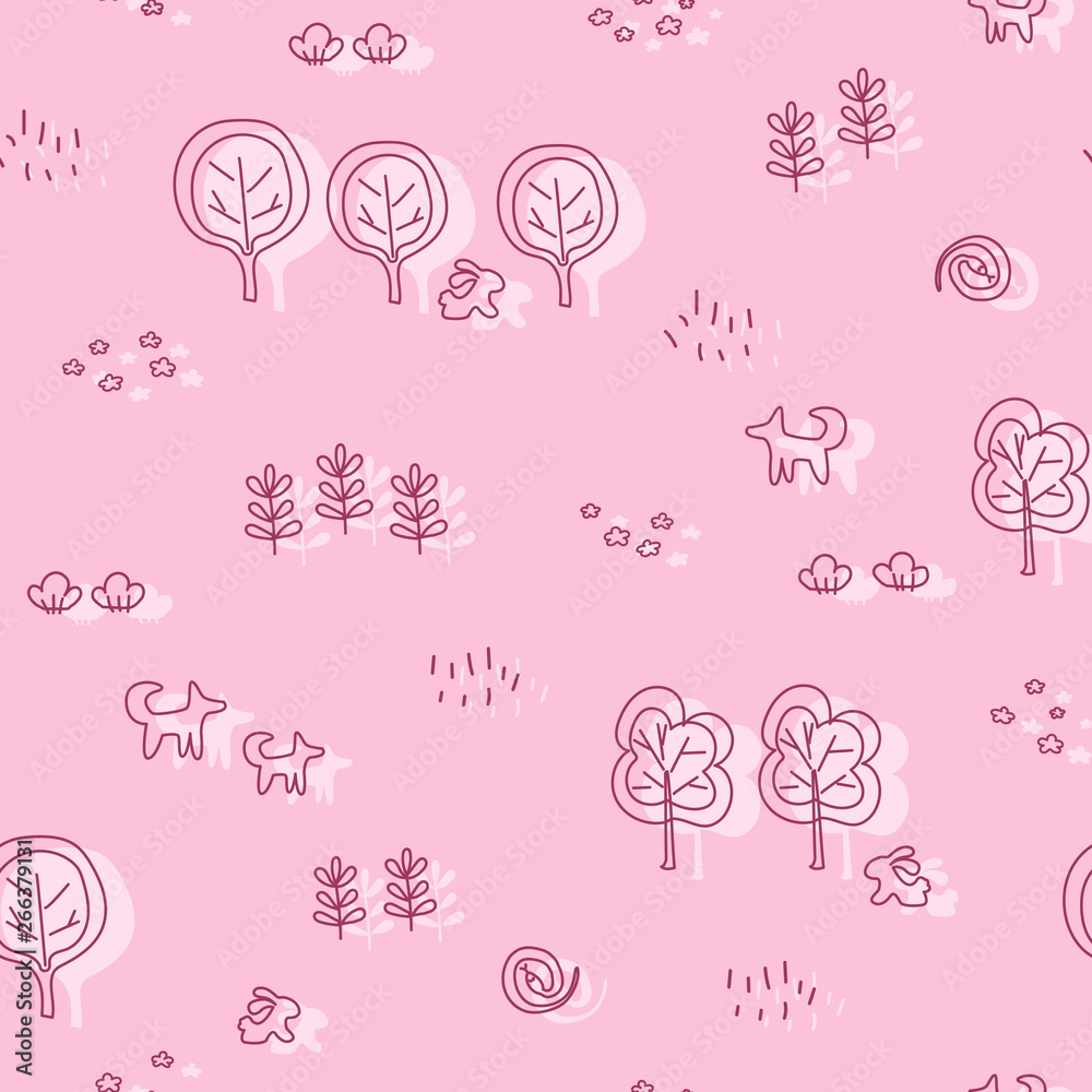 Seamless pattern with forest motifs - trees, bushes, flowers, branches, animals. Monochrome linear ornament. Great for prints, textiles, covers, gift wrappers, backdrops. Seamless pattern with forest motifs - trees, bushes, flowers, branches, animals. Monochrome linear ornament. Great for prints, textiles, covers, gift wrappers, backdrops.