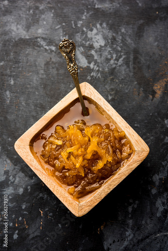 Mango Chunda or Sakhar Amba is a traditional indian summer recipe made using accha aam preserved in sugar syrup for days. selective focus photo