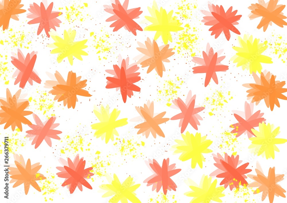 Watercolor flowers hand drawn on white background with color drops. Red, yellow and orange color. Watercolor flowers hand drawn on white background with color drops. Red, yellow and orange color.