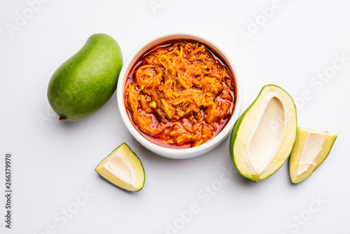Fotografie Green Mango spicy Chutney or kairi Takku is a type of instant home made pickle