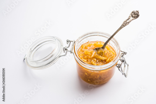 Mango Chunda or Sakhar Amba is a traditional indian summer recipe made using accha aam preserved in sugar syrup for days. selective focus photo