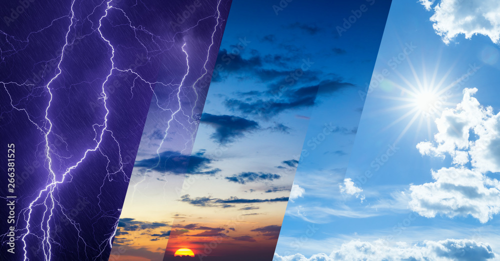Weather forecast concept, collage of variety weather conditions - obrazy, fototapety, plakaty 