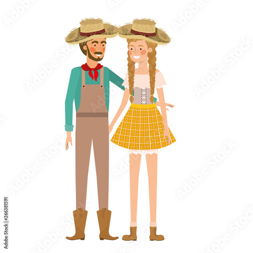 farmers couple talking with straw hat