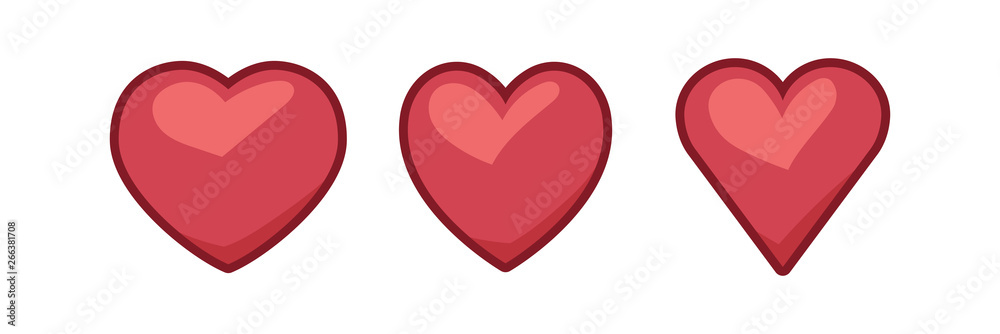 Heart icons, symbol of love. Flat design illustrated red hearts.