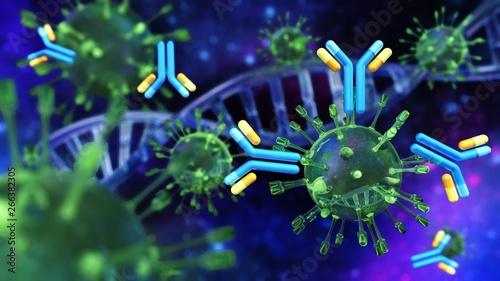 Virus and antibodies close-up on DNA background, scientific background with DNA and virus, 3d rendering photo