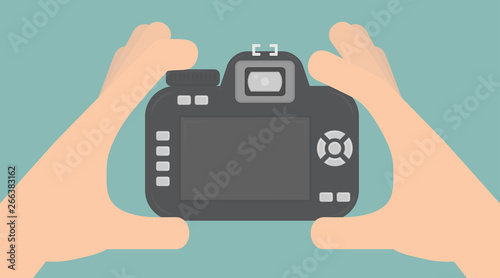 Taking a photo concept. Hands holding a digital camera