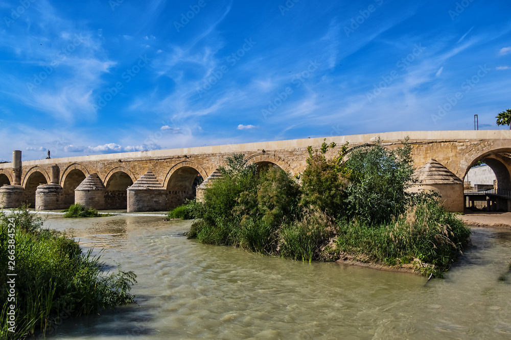 View of Roman bridge of Cordoba (1st century BC) across Guadalquivir River. Present structure of bridge dates from Moorish reconstruction in VIII century. Historic centre of Cordoba, Andalusia, Spain