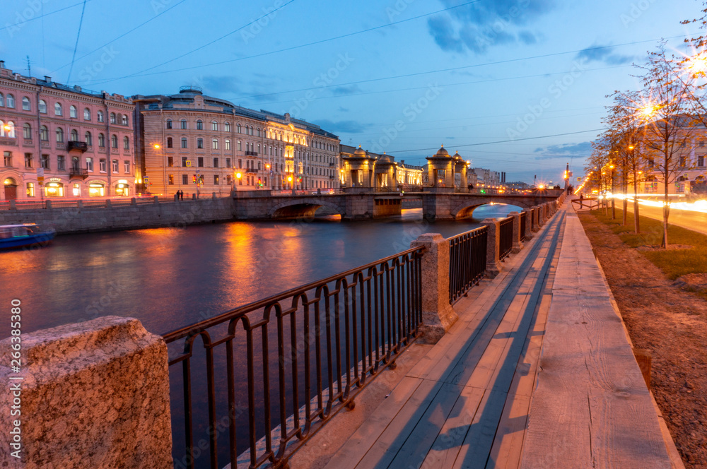 Lomonosov Bridge across the Fontanka River in Saint Petersburg, Russia. Historical towered movable bridge, build in 18th century