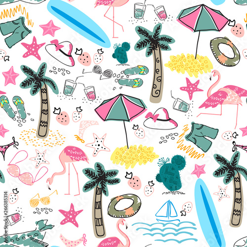 Colorful seamless summer pattern with hand drawn beach elements.