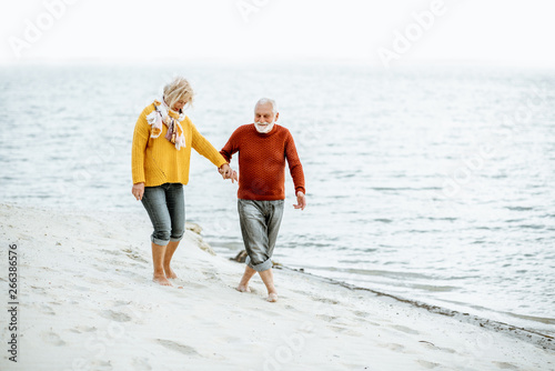 Lovely senior couple dressed in colorful sweaters walking on the sandy beach, enjoying free time during retirement near the sea