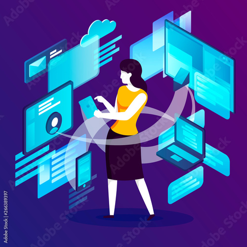 Vector concept illustration -  creative work process, freelance girl with devices. Modern bright banner template with place for your text.
