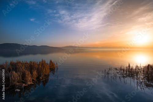 Beautiful sunrise on the lake. Armenia Sevan lake