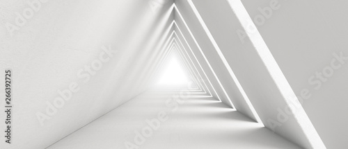 Empty Long Light Corridor. Modern white background. Futuristic Sci-Fi Triangle Tunnel. 3D Rendering