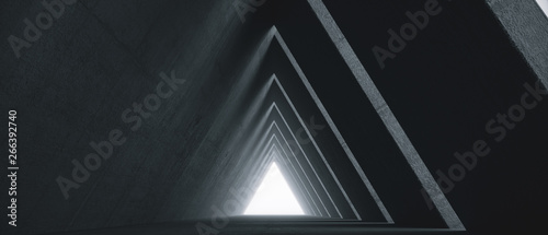 Empty Long Light Corridor. Modern concrete background. Futuristic Sci-Fi Triangle Tunnel. 3D Rendering