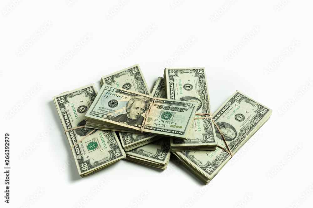 stacks of twenty dollar bills bundled with rubber bands isolated on white background stacks of twenty dollar bills bundled with rubber bands isolated on white background