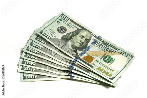 fanned out group of 8 one hundred dollar bills isolated on a white background