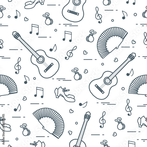 Pattern with fan, shoes, castanets, notes, guitars