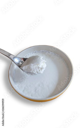 A spoonfull over a bowl of organic home made yogurt