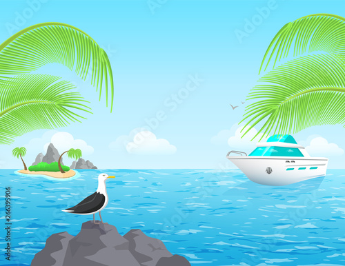 Fototapeta Naklejka Na Ścianę i Meble -  flat vector image, summer holiday on the sea, palm trees and island against the sky, boat and sea bird