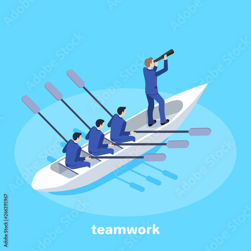 isometric illustration on business subjects, people in business suits are swimming on a boat, teamwork and personnel management
