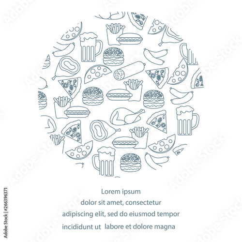 Beer, different types of food and fast food.