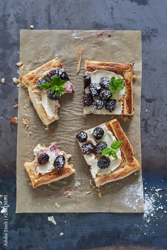 Bramble pastry tart with vanilla mascarpone. photo