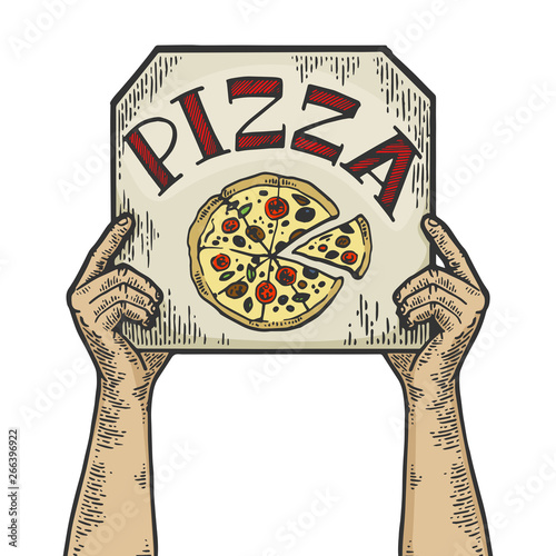 Hands with pizza box color sketch engraving vector illustration. Scratch board style imitation. Black and white hand drawn image.