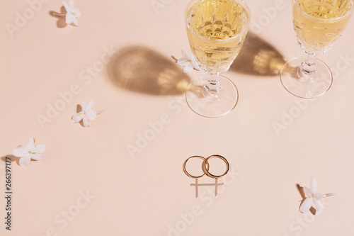 Two wedding rings on a background with graphic symbolising gay marriage photo