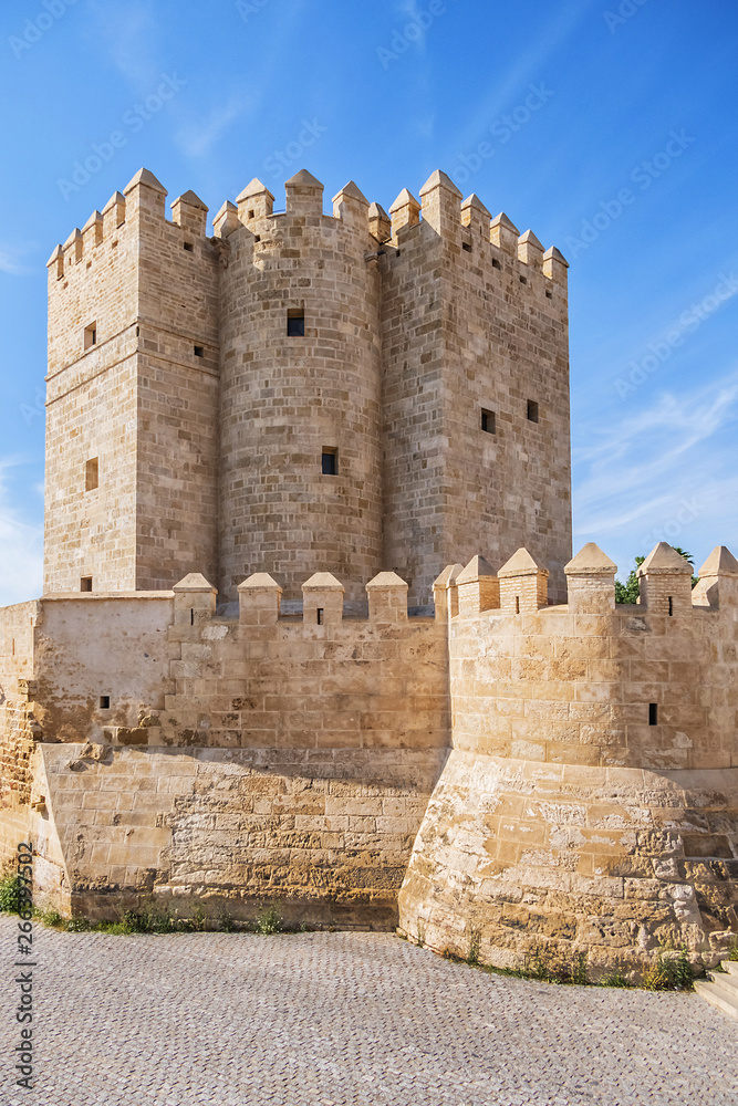 View of Cordoba Calahorra Tower. Tower of Calahorra - fortress of Islamic origin conceived as an entrance and protection Roman Bridge of Cordoba across Guadalquivir River. Cordoba, Andalusia, Spain.