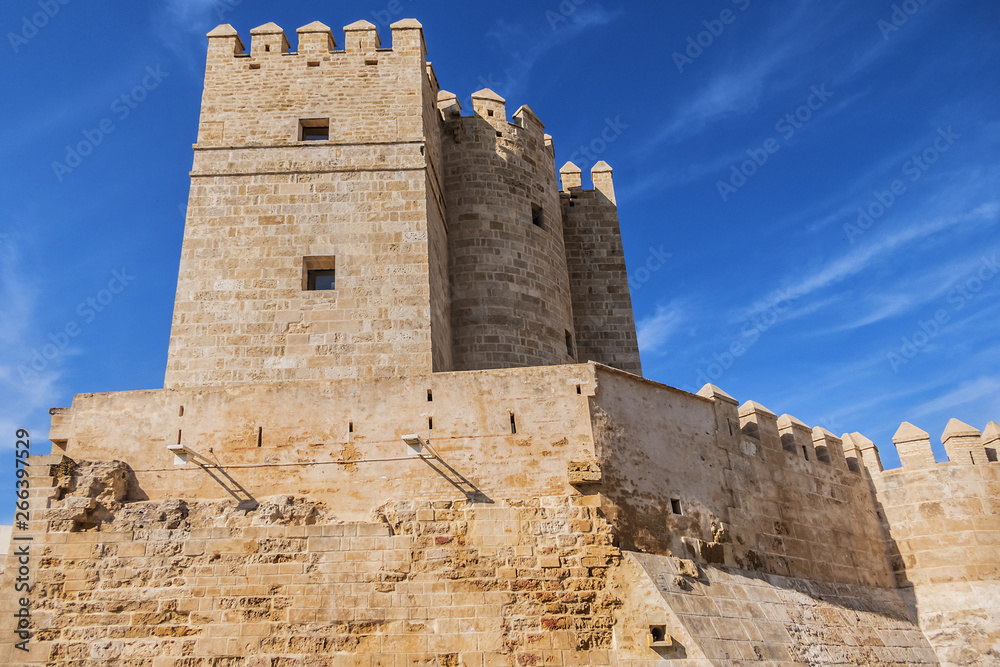View of Cordoba Calahorra Tower. Tower of Calahorra - fortress of Islamic origin conceived as an entrance and protection Roman Bridge of Cordoba across Guadalquivir River. Cordoba, Andalusia, Spain.