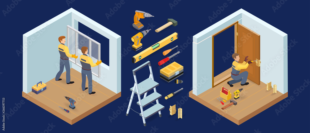 Obraz premium Window and door installing service. Isometric constraction repairs icons. Vector.