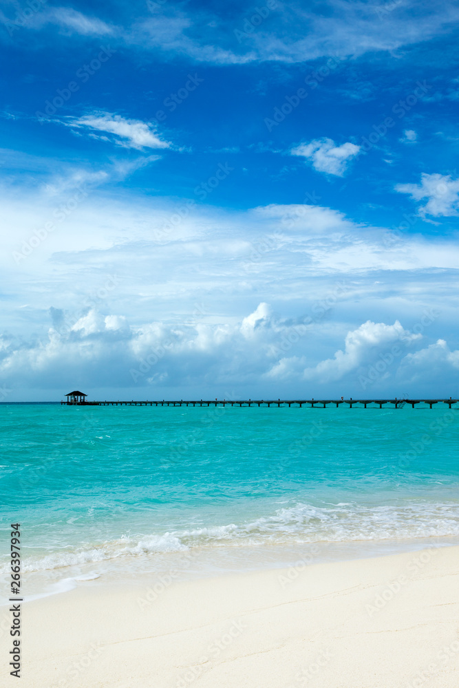 Obraz premium Beautiful tropical Maldives island with beach , sea , and blue sky for nature holiday vacation background concept
