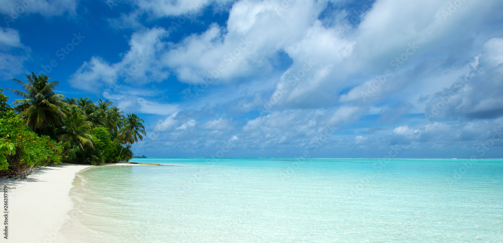 Beautiful tropical Maldives island with beach , sea , and blue sky for nature holiday vacation background concept Beautiful tropical Maldives island with beach , sea , and blue sky for nature holiday vacation background concept