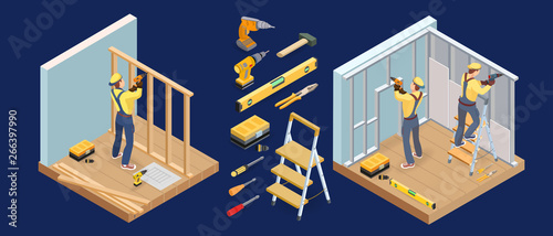 Building services. Isometric interior repairs concept. Carpenter, tools. Vector.