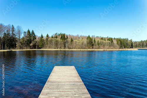 Landscape with lake in summer. Blue sky