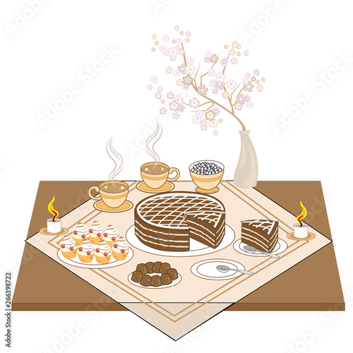 A festive table with candles and a chocolate cake. Hot tea or coffee, sweets, muffins - an exquisite treat for every taste. Delicate sakura flowers create a romantic atmosphere. Vector illustration/
