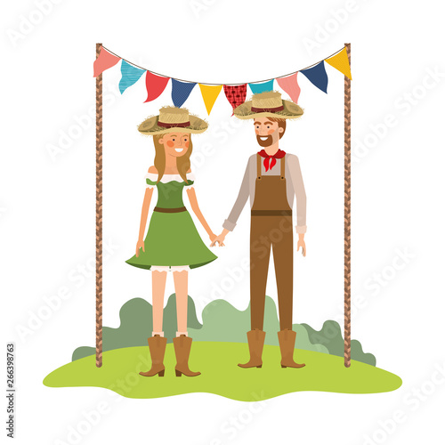 farmers couple talking with straw hat in landscape