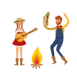 farmers couple dancing with straw hat and bonfire